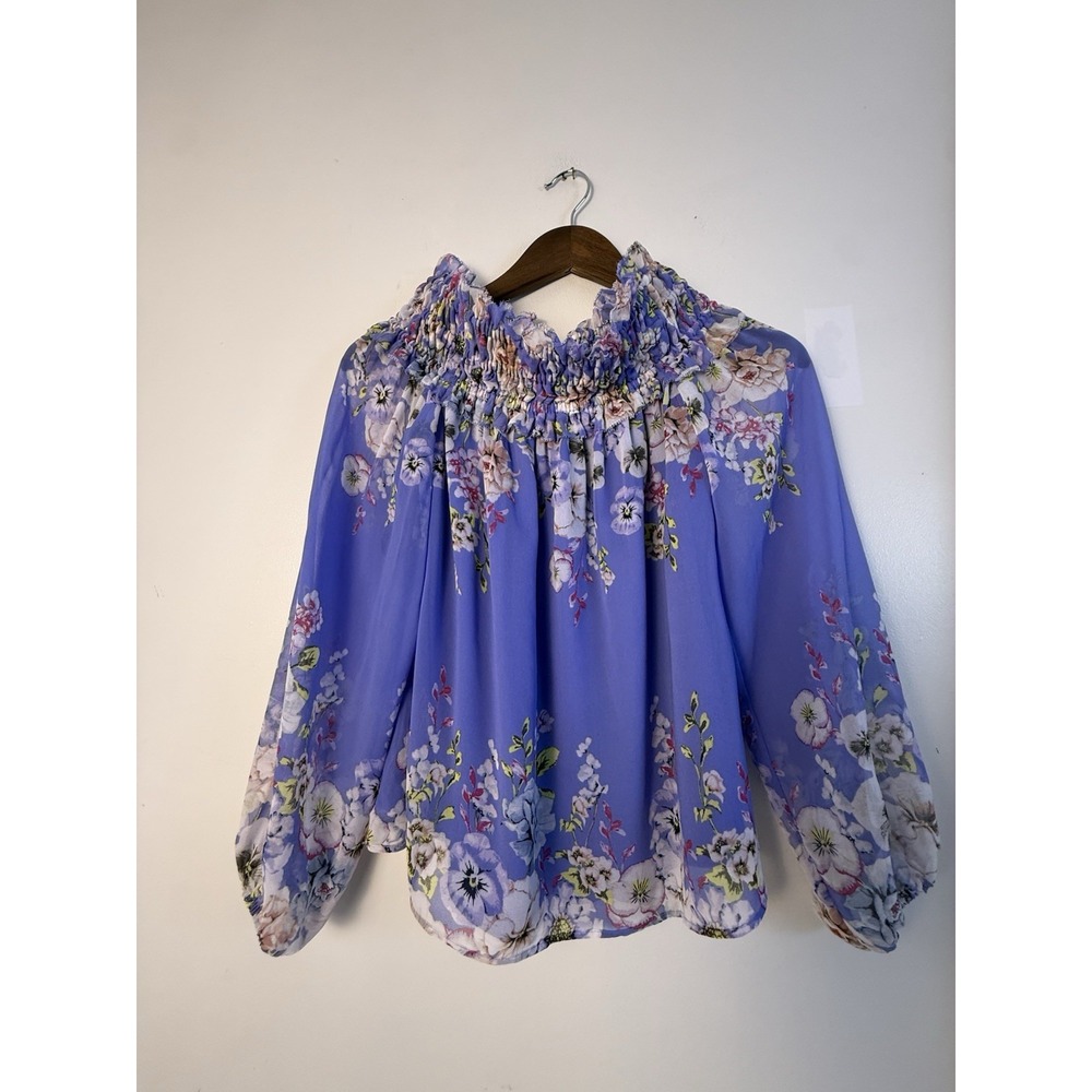 WHBM White House Black Market Blouse S Purple Floral Smocked Balloon Sleeve
